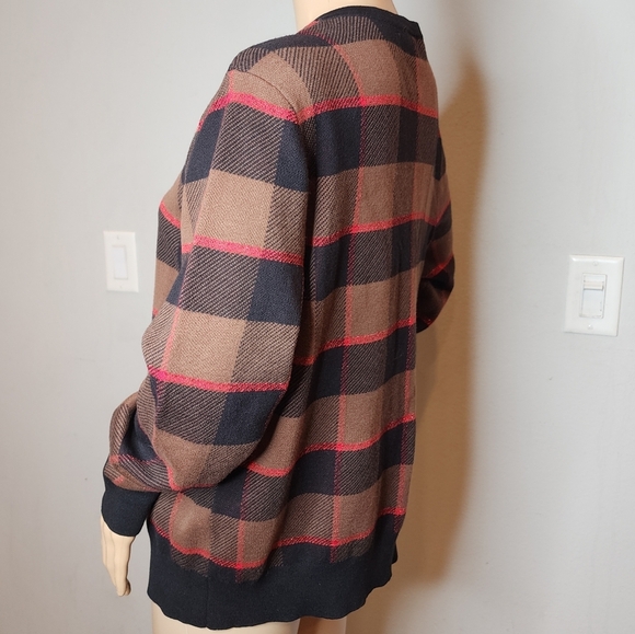 Ann Taylor Metallic Red Black Brown Plaid Button Knit Sweater Cardigan Cotton XL - Picture 7 of 16